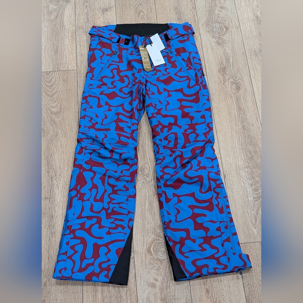 $850 Mens Aztech Mountain "Folkh" Abstract Wave Ski Pants Blue/Red Medium